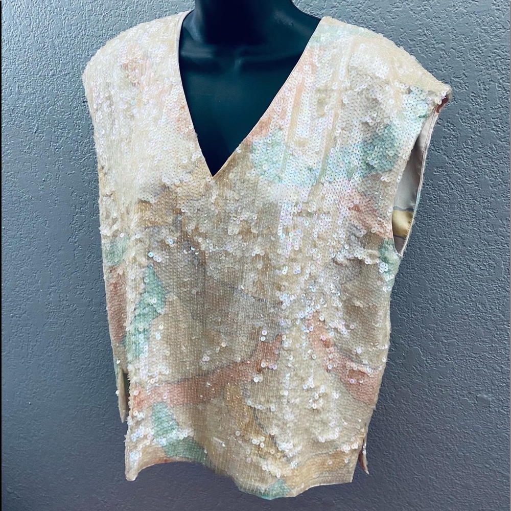 Vintage Nolan Miller Sequin Top in Cream and Light Pastels  - Medium